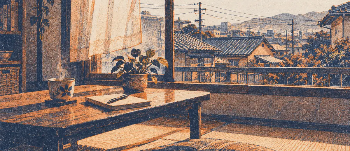 朝の部屋で、開いた窓の前の机にお茶とノートが置かれた版画風のイラスト